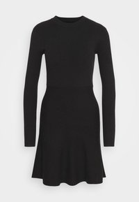 Abito nero lavorato a maglia con scollatura tonda, maniche lunghe e gonna svasata che termina a metà coscia, caratterizzato da una superficie liscia e senza fantasie.