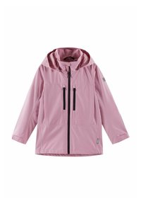 Giacca impermeabile rosa con cappuccio, cerniere nere e due tasche frontali. Presenta una texture liscia e polsini elastici per una vestibilità sicura.