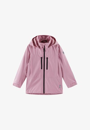 Rosa wasserdichte Jacke mit Kapuze, schwarzen Reißverschlüssen und zwei Fronttaschen. Sie hat eine glatte Textur und elastische Bündchen für einen sicheren Sitz.