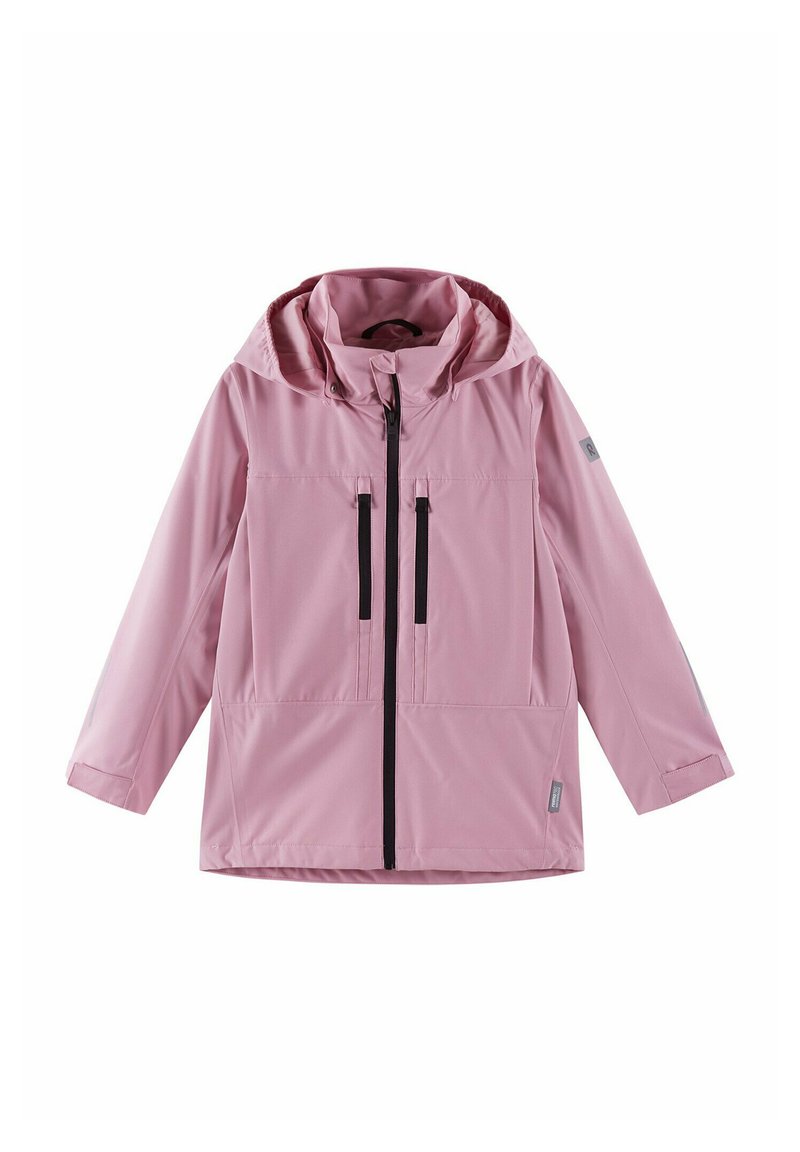 Giacca impermeabile rosa con cappuccio, cerniere nere e due tasche frontali. Presenta una texture liscia e polsini elastici per una vestibilità sicura.