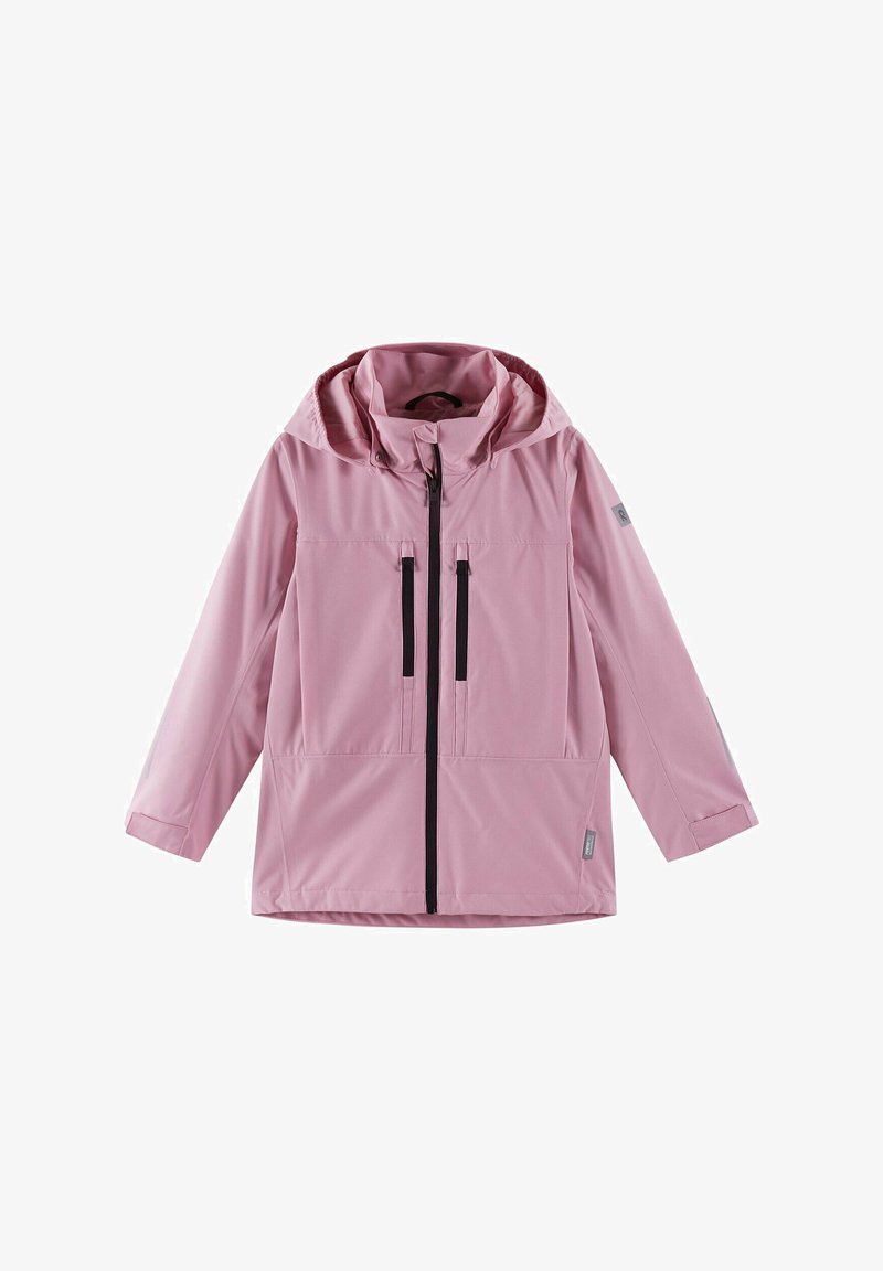 Giacca impermeabile rosa con cappuccio, cerniere nere e due tasche frontali. Presenta una texture liscia e polsini elastici per una vestibilità sicura.