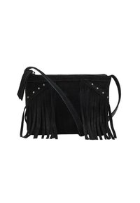 Borsa a tracolla in suede nero con dettagli frangiati, borchie argentate sul davanti e una lunga tracolla regolabile. Forma rettangolare con texture morbida.