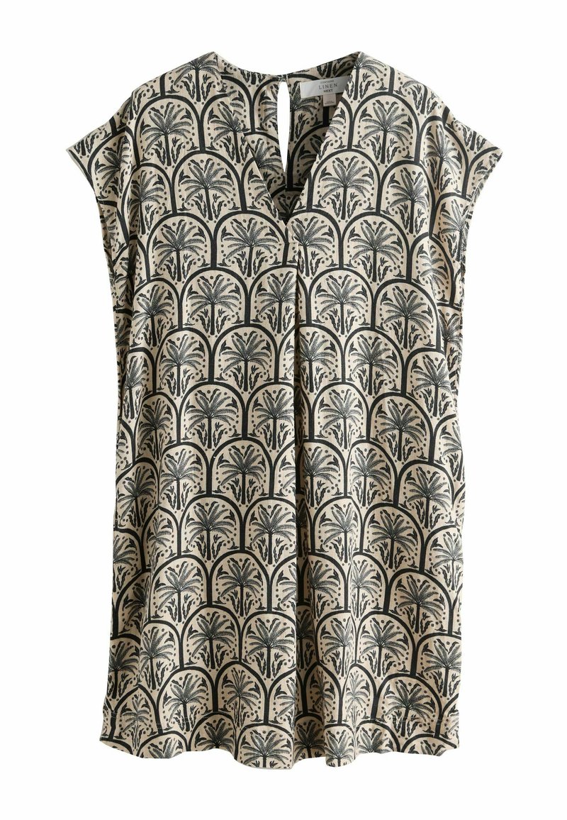 Tunique en lin avec une base beige ornée d'un motif de palmiers noirs et d'arcs. Manches courtes, col en V avec une ouverture en trou de serrure. Texture douce.