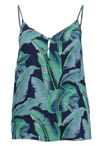 Blommig tanktop i marinblått, med stora gröna palmblad. Lättviktsmaterial med justerbara snören och en knappdetalj fram.