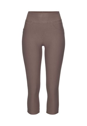 Brown leggings with a high waistband, featuring two front pockets, a smooth texture, and a fitted design with a cropped length.