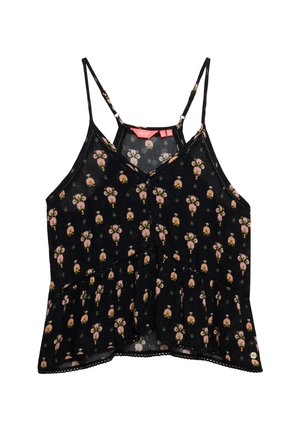 Camiseta sin mangas negra con tirantes finos, estampado floral en rosa y amarillo, escote en V y dobladillo con volantes.