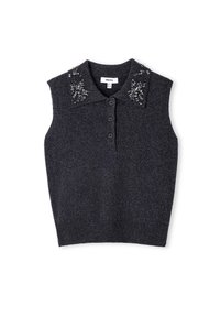 Ciemnoszara, bezrękawnik z dzianiny z zapięciem na guziki, ozdobiony małymi koralikami i cekinami, na białym tle.
