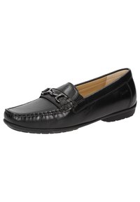 Zwarte leren loafers met een gladde bovenkant, moccasin-stiksel en een decoratieve metalen accent aan de voorkant. Flexibele rubberen zool.