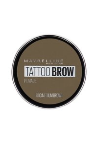 Maybelline Tattoo Brow Pomade in a round black tin. Label reads "003 Medium Brown" with a matte brown surface and silver text.