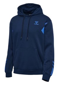 Sweat à capuche bleu marine avec poche kangourou, accents bleus contrastants sur les épaules et les manches, cordon de serrage ajustable, et logo sur la poitrine.