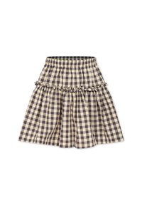 Gonna a quadri in beige e marrone scuro. Vita elastica, design a strati con dettagli arricciati e tessuto leggero.