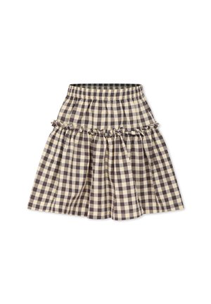 Gonna a quadri in beige e marrone scuro. Vita elastica, design a strati con dettagli arricciati e tessuto leggero.