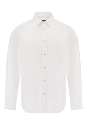 Camisa blanca de manga larga hecha de tejido suave, con cierre de botones en el frente y un cuello clásico. La silueta es holgada con un dobladillo curvado.