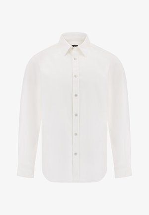 Camicia bianca a maniche lunghe realizzata in tessuto morbido, con chiusura a bottoni sul davanti e colletto classico. La silhouette è rilassata con un orlo curvato.