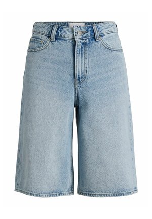 Pantaloni scurți din denim albastru deschis cu cinci buzunare, bucle pentru curea și închidere cu nasture, afișați pe un fundal alb.