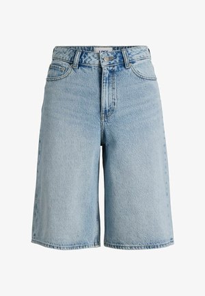 Light blue denim shorts with five pockets, belt loops, and button closure, shown against a white background.