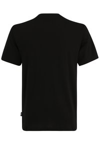 Camiseta de manga corta negra, de cuello redondo, material de algodón, diseño liso sin patrones visibles, con una etiqueta de logo sutil en el lateral.