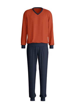 Rode lange mouwen v-hals top met marineblauwe accenten en bijpassende marineblauwe sweatpants, met aansluitende manchetten en tailleband voor een relaxte pasvorm.