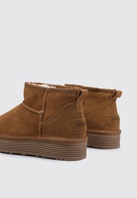 Botas de tobillo de ante marrón con un forro suave, que presentan una punta redondeada, suela acanalada y un tacón pequeño. Diseño minimalista sin herrajes visibles.