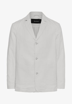 Jasnoszary żakiet wykonany z lnu, z klapami w kształcie notcha, trzema guzikami z przodu i dwiema kieszeniami z przodu. Gładka tekstura, dopasowany krój.