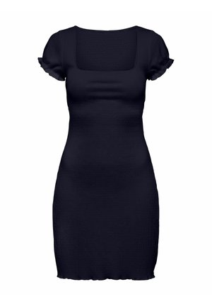 Czarna sukienka dopasowana z krótkim rękawem, kwadratowym dekoltem i lekko marszczonymi krawędziami rękawów oraz dołem, dopasowana sylwetka.