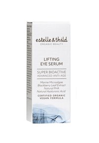 Scatola bianca per siero lifting, con testo nero contenente i dettagli del prodotto, un sottile design ad acquerello blu e un'etichetta di certificazione vegana.