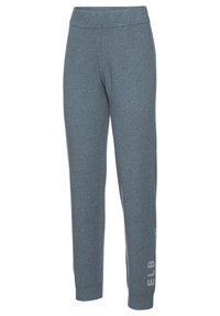 Grijze katoenen joggingbroek met een elastische tailleband, smalle enkels en een gedrukt logo op de onderkant van het been. Zacht textuurstof.