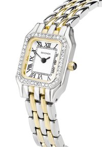 Quadratische Silber- und Golduhr mit einem diamantenähnlichen Gehäuse, weißem strukturiertem Zifferblatt, römischen Ziffern und einem zweifarbigen Metallarmband.