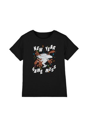 Black T-shirt with cartoon dog spinning wildly in a tornado, confetti around, and text "New Year Same Mess" in bold letters.