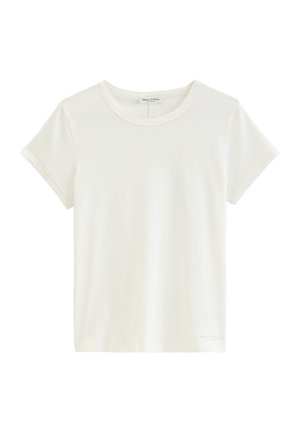 Witte T-shirt met korte mouwen, ronde hals, licht rekbare stof en een klein Marc O’Polo-logo vlakbij de onderste zoom.