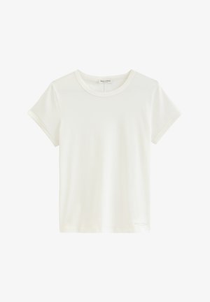 T-shirt blanc à manches courtes avec col rond, en tissu légèrement extensible, avec un petit logo Marc O’Polo près de l'ourlet inférieur.