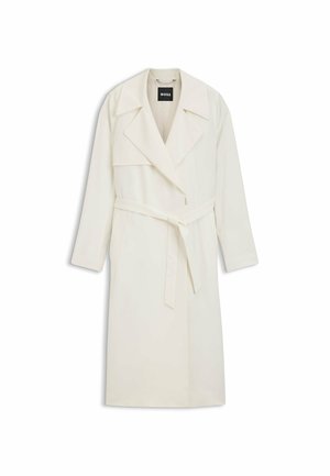 BOSS long cream coat with a shawl collar, belted waist, side pockets, and a straight silhouette. Made from smooth, lightweight fabric.