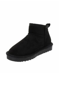 Stivaletti in suede nero con punta arrotondata, gambale corto e suola in gomma testurizzata. Presentano una cucitura a vista e una linguetta sul retro.