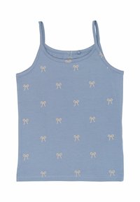 Top de bumbac de culoare bleu deschis, cu un model repetat de fundițe mici de culoare crem. Bretele subțiri și decolteu rotund.