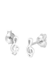Silberne Steckerohrringe in Form eines Violinschlüssels, mit einer glatten, polierten Oberfläche. Die Stifte sind mit Schmetterlingsverschlüssen gesichert.