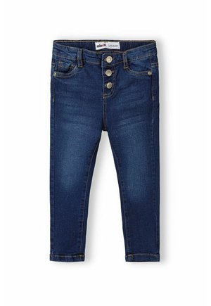 Mørkeblå børne denimbukser med tre synlige forreste metal knapper og to forlommer.
