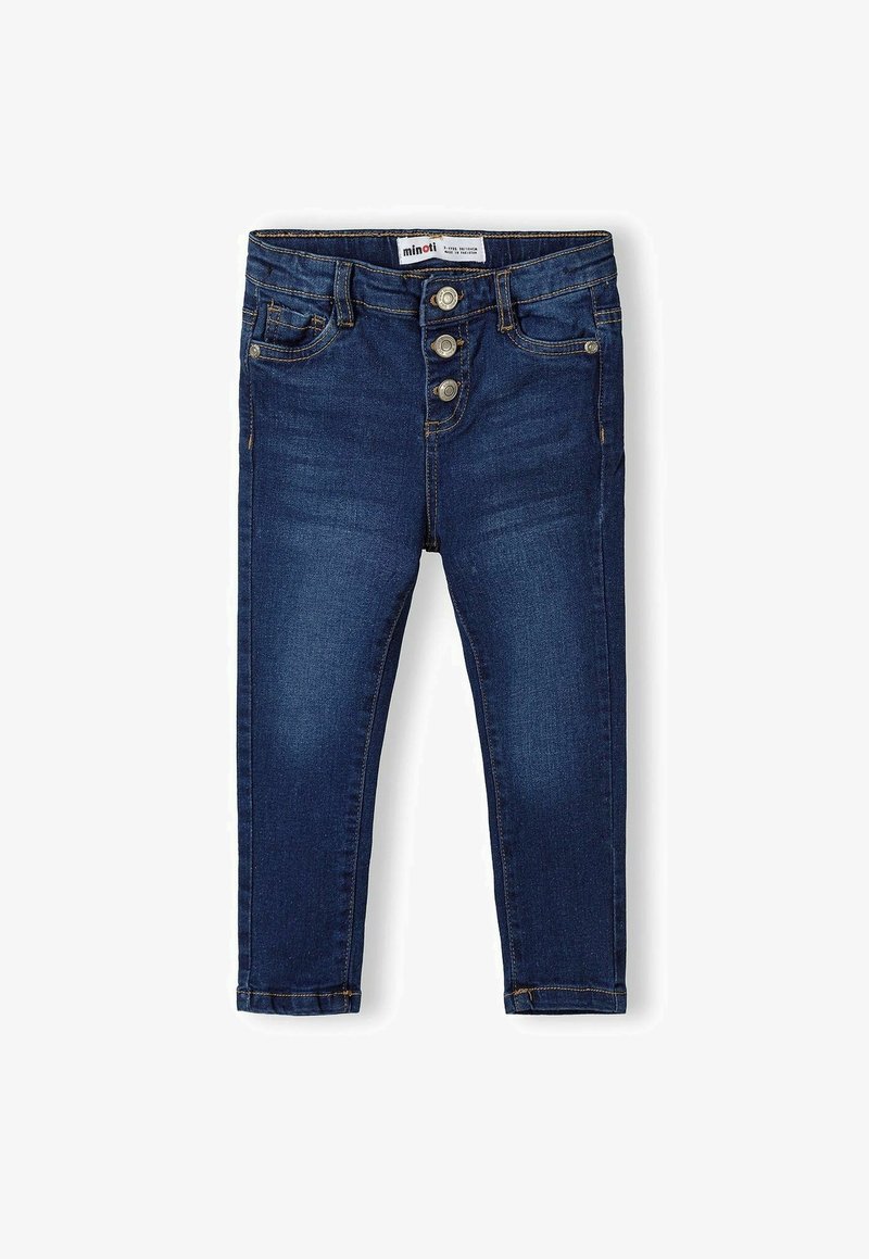 Jean en denim bleu foncé pour enfants avec trois boutons métalliques visibles à l'avant et deux poches avant.