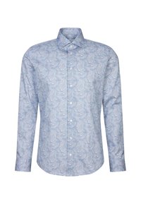 Chemise bleu clair à manches longues boutonnée avec un motif paisley multicolore subtil et un col pointu classique.