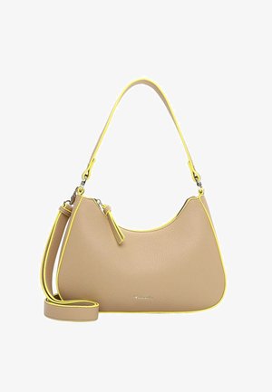 Brązowa skórzana torebka o lekko zakrzywionym kształcie, z jasnymi żółtymi akcentami na brzegach i odpinanym paskiem na ramię.