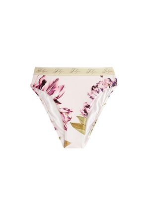 Damska bielizna w stylu bikini z różowym i fioletowym kwiatowym nadrukiem oraz beżowym paskiem z powtarzającym się słowem "Tulipán".