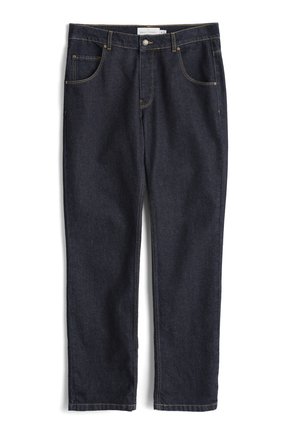 Dark blue denim jeans with straight leg design, five pockets, yellow stitching, and a button and zipper closure at the waist.