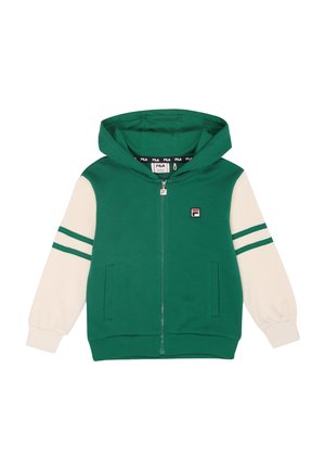 Felpa verde con zip e maniche crema, dotata di due tasche laterali, polsini a costine e strisce sulle maniche. Logo Fila sul petto.