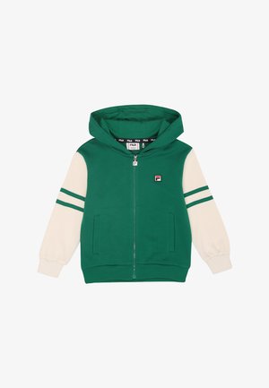 Grüne Zip-Hoodie mit cremefarbenen Ärmeln, ausgestattet mit zwei Seitentaschen, gerippten Bündchen und Streifen an den Ärmeln. Fila-Logo auf der Brust.