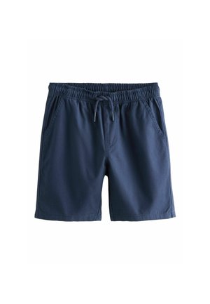 Navy blue shorts made of lightweight fabric, featuring an elastic waistband with drawstring, two side pockets, and a smooth texture.
