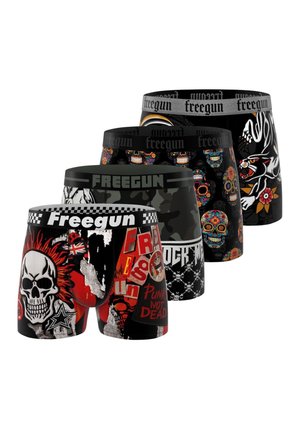 Quatre boxers pour hommes avec des motifs audacieux : crâne aux cheveux rouges avec texte, camouflage, crânes de sucre colorés et tigre rugissant avec des fleurs.