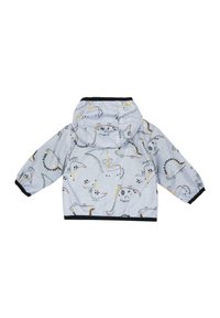 Ljusblå jacka med dinosauriemönster, med huva, elastiska ärmslut och svart nederkant. Gjord av mjukt, lätt tyg.