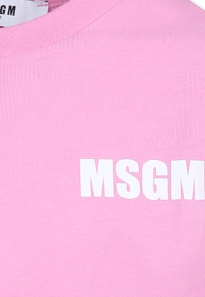 T-shirt in cotone rosa con testo bianco in blocco "MSG" sul davanti, con colletto a girocollo e maniche corte, texture liscia.