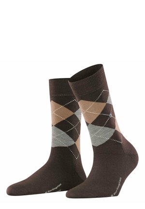 Bruine argyle sokken met diamanten in beige, grijs en donkerbruin. Gemaakt van zachte stof met een geribbelde bovenkant en versterkte teen.