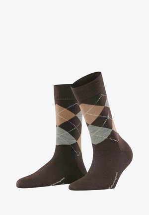 Bruine argyle sokken met diamanten in beige, grijs en donkerbruin. Gemaakt van zachte stof met een geribbelde bovenkant en versterkte teen.