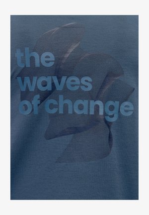 Námornícky modrý materiál s textom "vlny zmien" v modrom gradientu, prekrytý vlnitým vzorom.